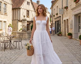 White Square Neck Maxi Dress for Women, Ruffle Strap Summer Beach Dress, High Waist Lace Up Vacation Dress, Romantic Boho Dress