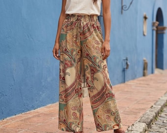 Women’s Boho Wide Leg Pants, Vintage Paisley High Waist Trousers, Loose Fit Casual Palazzo Pants, Flowy Summer Statement Pants