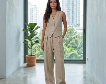 Ensemble gilet en lin pour femme, blazer sans manches et pantalon large, tenue d'été chic deux pièces, ensemble pantalon assorti élégant