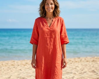 Robe courte vintage pour femme, robe d'été en coton et lin, robe décontractée à col en V, robe unie à manches 3/4, tenue ample pour tous les jours