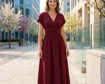 Women’s V Neck Maxi Dress, Elegant Solid Color Summer Dress, Batwing Sleeve Pleated Long Dress, Loose Y2K Vacation Outfit