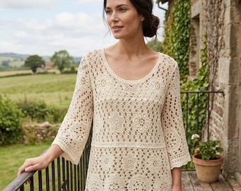 Women’s Crochet Knit Top, Apricot Boho Sweater, Floral Pattern Lightweight Pullover, Sheer Beach Cover Up Summer Top