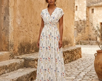 Women’s Floral Maxi Dress, White V Neck Summer Dress, Elegant Fitted Long Dress, Romantic Garden Party Vacation Dress