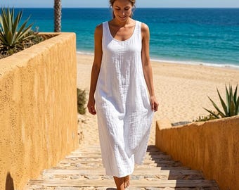 Zomerjurk katoen/linnen dames, mouwloze maxi-jurk met zakken, casual effen jurk met ronde hals, losse boho-vakantiejurk