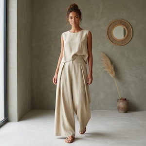 Damen Leinen Zweiteiler, Ärmelloses Sommer Outfit, Hose mit weitem Bein und Rundhals Top, Lässig Passender Leinenanzug