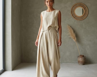 Conjunto de dos piezas de lino para mujer, atuendo veraniego sin mangas, pantalón de pierna ancha y top de cuello redondo, traje de lino informal a juego.