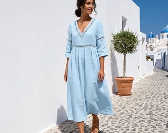 Boho Midi Dress for Women, V Neck Loose Summer Dress, Hollow Out 3/4 Sleeve Casual Dress, Solid Color Beach Dress