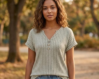 Women’s Ribbed V Neck Top, Short Sleeve Button Detail Blouse, Solid Color Casual Summer Shirt, Elegant Everyday Women’s Top