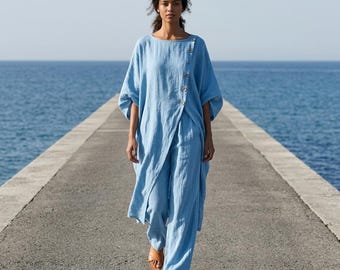 Cotton Two Piece Set Women, Oversized Batwing Top & Wide Leg Pants, Casual Lounge Set, Matching Outfit, Relaxed Travel Outfit, Boho Co Ord
