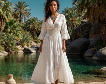 White Boho Beach Maxi Dress for Women, Deep V Neck Flowy Summer Dress, Long Sleeve Vacation Dress, Elegant Resort Wear