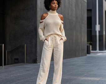 Women’s Knit Two Piece Set, Off Shoulder High Neck Top and Wide Leg Pants, Sexy Casual Matching Outfit, Chic Lounge Set