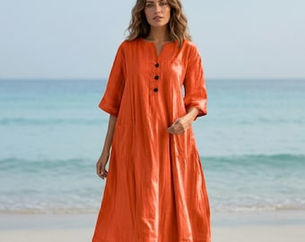 Women’s Summer Midi Dress, 3/4 Sleeve Country Vacation Dress, Solid Color Casual Midi Dress, Relaxed Boho Everyday Dress