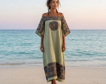 Women’s Boho Maxi Dress, Off Shoulder Ethnic Print Dress, Loose Fit Geometric Summer Dress, Casual Vacation Maxi with Pockets