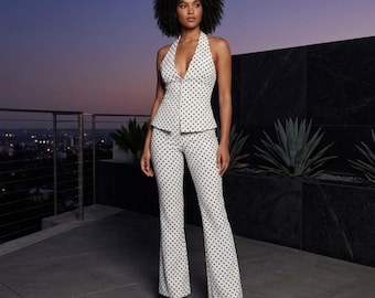 Tweedelige set met stippen voor dames, haltertop en wijde broek, bijpassende outfit, retro chique avondset, elegante broek en top.