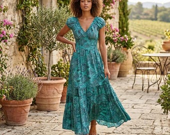 Women’s Boho Printed Maxi Dress, Ethnic Floral Summer Dress, Short Sleeve V Neck A Line Dress, Flowy High Waist Vacation Dress