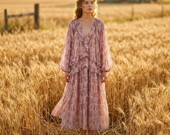 Women’s Boho Midi Dress, Vintage Paisley V Neck Dress, Long Sleeve Ruffle Chiffon Dress, Romantic Cottagecore Summer Dress