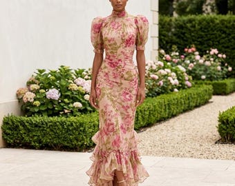 Women’s Pink Floral Maxi Dress, Elegant Wedding Guest Dress, Romantic Ruffle Hem Evening Dress, Fitted Boho Summer Dress