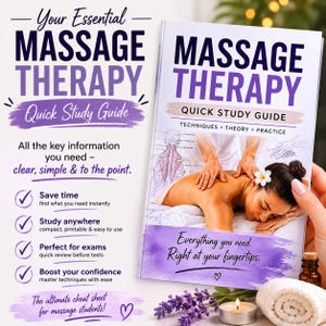 Puede incluir: Un libro de guía de estudio rápido de terapia de masaje con una portada que muestra a una persona recibiendo un masaje, acentos morados y texto que incluye "Your Essential MASSAGE THERAPY Quick Study Guide" y "Everything you need. Right at your fingertips."