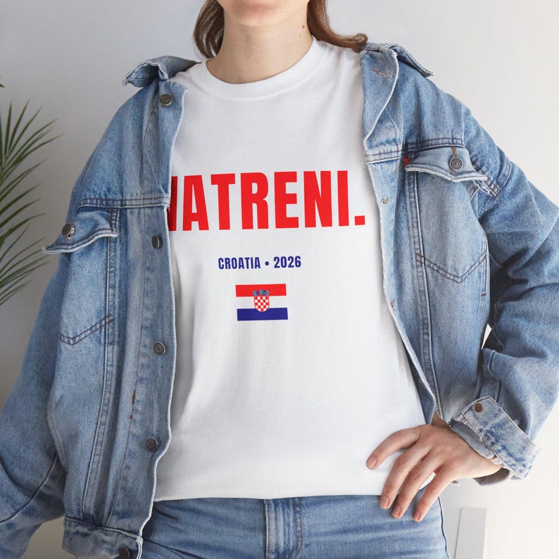 Woman wearing Vatreni Croatia shirt with denim jacket Croatia soccer fan outfit tee
