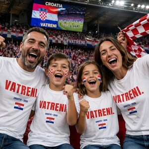 Croatia fans wearing Vatreni shirts cheering with flags soccer match day supporter apparel