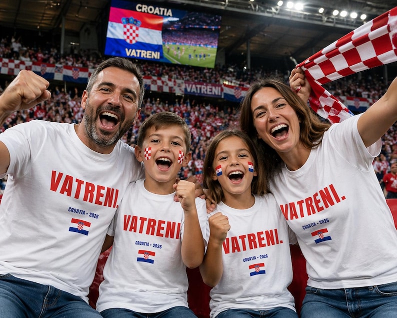 Croatia fans wearing Vatreni shirts cheering with flags soccer match day supporter apparel