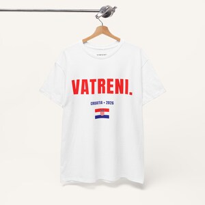 White Vatreni Croatia t shirt hanging display Croatian football fan apparel with flag print