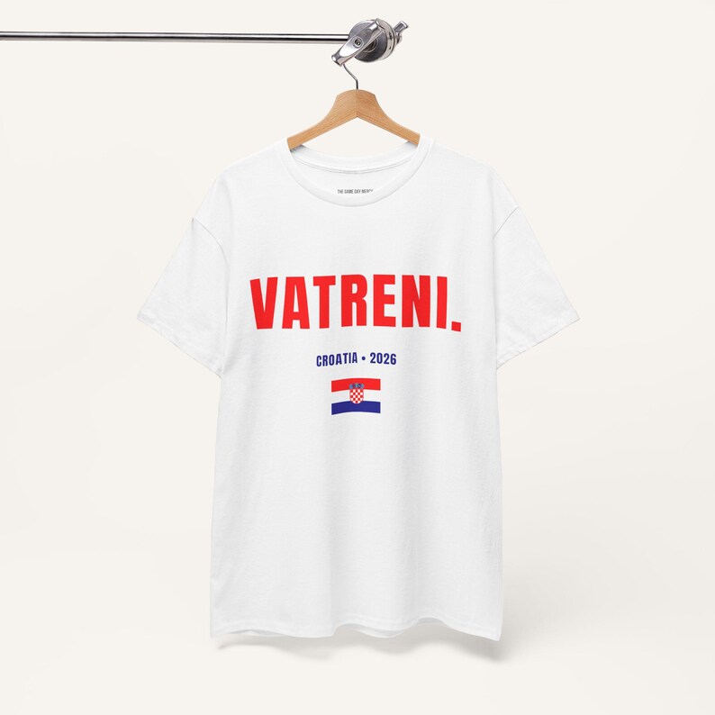 White Vatreni Croatia t shirt hanging display Croatian football fan apparel with flag print