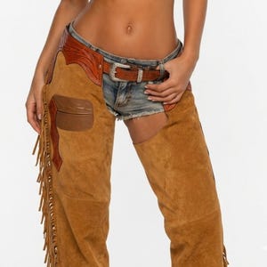 Women's Western Suede Chaps with Hand-Tooled Floral Leather Fringe – Boho Rodeo Outfit
