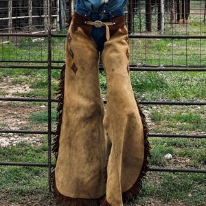 Women's Tan Suede Leather Chaps | Western Cowgirl Fringe Riding Gear