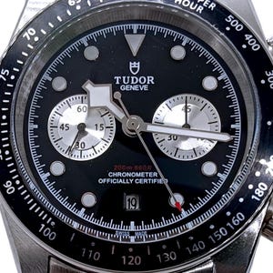 Vintage Tudor Watch, Black Dial Chronograph, Stainless Steel Strap, Steel Case, Automatic Watch, Date Indicator, Free Express Shipping