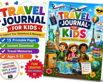 Diario di viaggio per bambini stampabile, libro dei ricordi delle vacanze, diario delle attività per il viaggio in auto, quaderno di viaggio estivo in PDF, download immediato