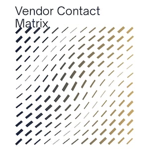 May include: A white document featuring the text "EVENTDECK CORPORATE EVENTS" at the top. The title "Vendor Contact Matrix" is in dark blue. The document has a pattern of diagonal lines in shades of blue and gold.