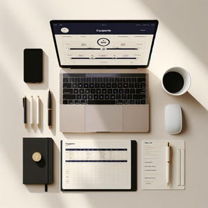 May include: A top-down view of a workspace featuring a laptop displaying a website, a smartphone, a coffee cup, a mouse, pens, a notebook, and a notepad. The notebook has a gold "Y" on the cover. The notepad has a pen.