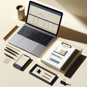 May include: A laptop displaying financial data sits next to a stack of corporate documents. A smartphone, pens, and a tray with office supplies are arranged on a light-colored surface. The scene suggests a workspace or office setting.