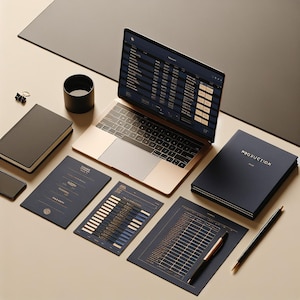 May include: A laptop, notebooks, and documents are arranged on a light-colored surface. The laptop displays data, and the documents have gold text. A pen, a black cup, and a binder clip are also present. The word "PRODUCTION" is on the cover of a dark blue notebook.