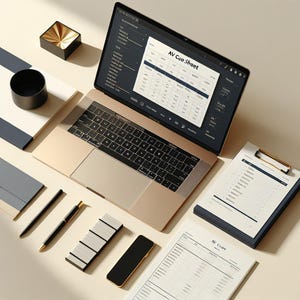 May include: A laptop with a black keyboard and a screen displaying a spreadsheet titled "AV Cua Sheet" sits open on a desk. Accompanying the laptop are a black pen, a smartphone, a stack of notepads, and a clipboard with a gold clip.