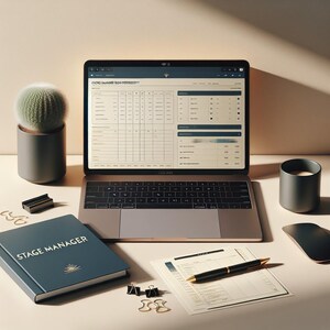 May include: A laptop displaying a spreadsheet sits on a desk next to a notebook that reads "STAGE MANAGER". Other items include a cactus in a gray pot, a pen, a candle, a mouse, and paperclips.