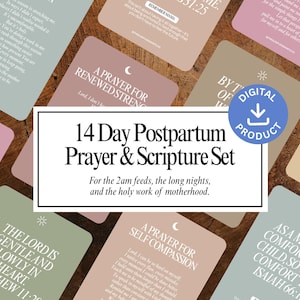May include: A collection of rectangular cards featuring prayers and scripture verses in various muted colors like sage green, dusty rose, and beige. A central white rectangular label displays the text 14 Day Postpartum Prayer & Scripture Set.