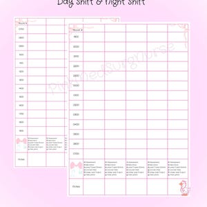 May include: Pink patient hourly task sheets for day and night shifts. The sheets have a grid layout with labeled sections for room number, time slots, and notes. Decorative elements include a duck graphic and floral accents.