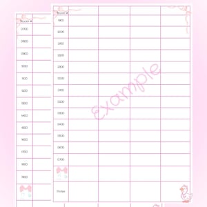 May include: A patient hourly task sheet with day shift and night shift columns, featuring pink grid lines, room number headers, time slots from 0700 to 1900 and 1900 to 0700, decorated with small pink bows and duck illustrations, with the word example in pink.