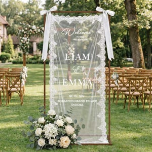 Letrero de bienvenida de boda personalizado de encaje transparente, pancarta de tela romántica, decoración con nombres y fecha personalizados
