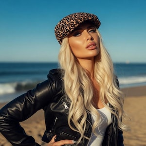 Könnte beinhalten: Schwarze Lederjacke mit Reißverschluss und weißem Oberteil. Die Person trägt eine Newsboy-Cap mit Leopardenmuster. Im Hintergrund ein Strand und das Meer unter blauem Himmel.