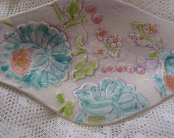 Ceramic Flower Oval Soap Dish or Spoon Rest Jewelry Holder Home Decor Holiday Gift for Her