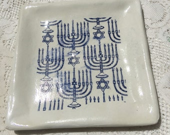 Hanukkah Plate Small Square Ceramic Dish Blue and White Menorah Design Handmade in Israel