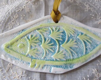 Ceramic Fish Blue and Lime Green Hanging Tile