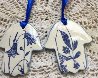 Pair of Two Hand Painted Hamsas Blue and White Antique Flower Design Ceramic Wall Hanging Home Decor