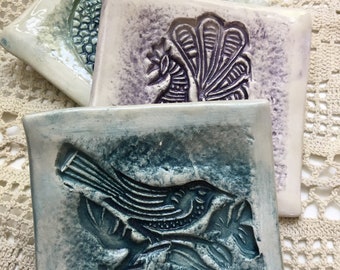 Set of Three Ceramic Dishes Fish, Bird and Peacock Design, Jewelry Holder, Tea Lights, Ring Holder Gift for New Home