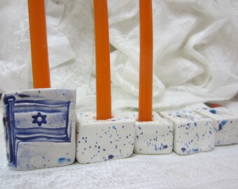 Hanukkah Menorah Blue and White Israeli Flag Ceramic 9 Made in Israel Portable Judaica Made in Israel