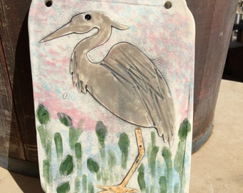 Great Blue Heron Bird Tile Ceramic Wall Hanging Hand Made in Israel Garden Art