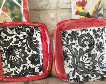 Set of Two Small Serving Dishes Black and White Lace Design on Red Background Hand Made in Israel